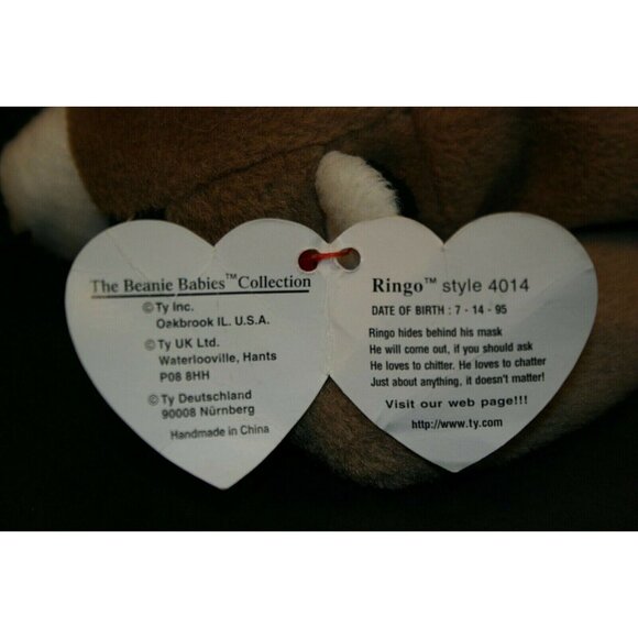 Ty Beanie Baby Ringo Raccoon 1995 no stamp PVC Pellets errors retired 4014 NEW - Picture 5 of 9